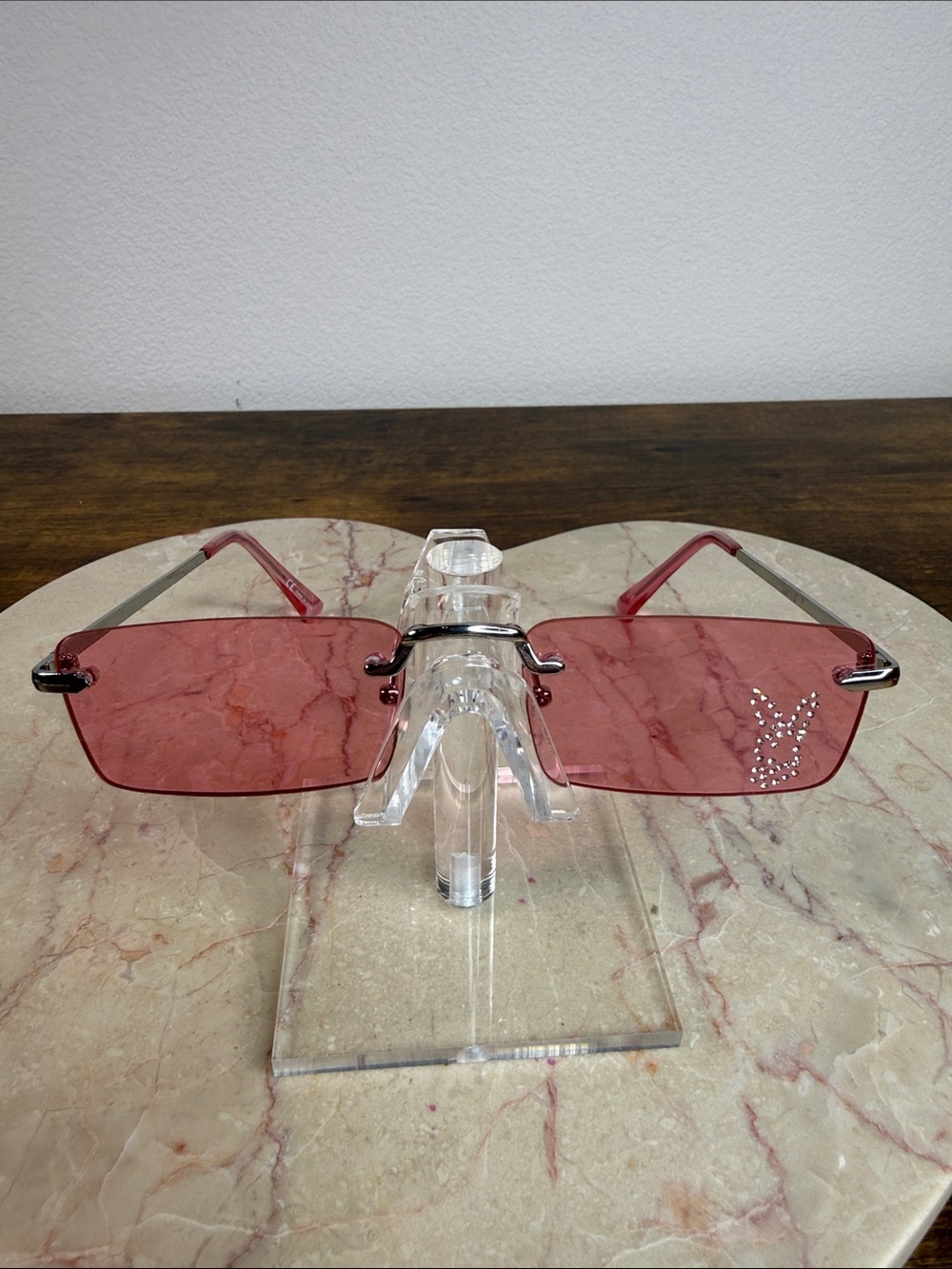 Playboy Pink Rimless Metal Sunglasses with Rhinestone Accent